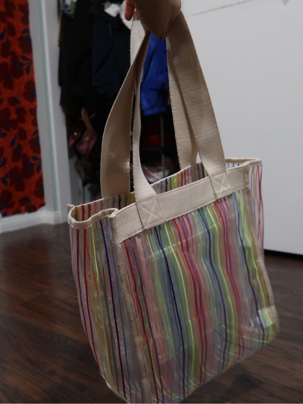 Canvas-Trim Multicolor Stripe Tote Bag - Beige Handles